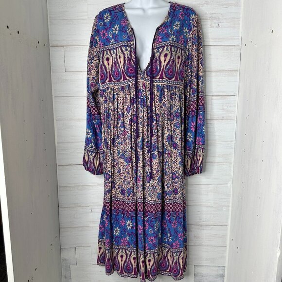 R YIposha Dresses & Skirts - Womens Long Sleeve Floral Print Retro V Neck Tassel Midi Dress Size Medium 8/10